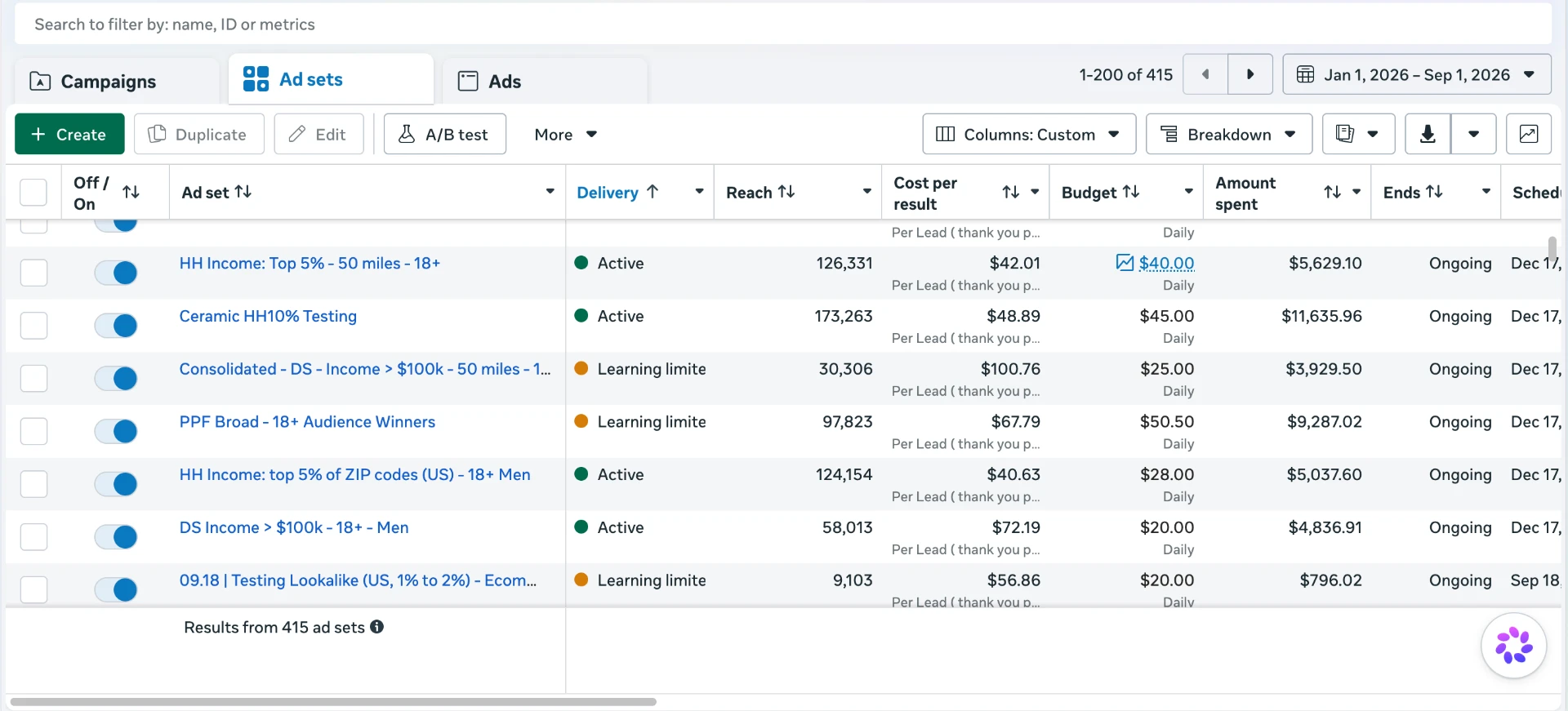 Facebook Ads Manager year to date ad set spend