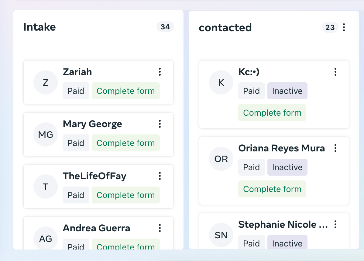 Customer intake pipeline showing paid customers and completed forms